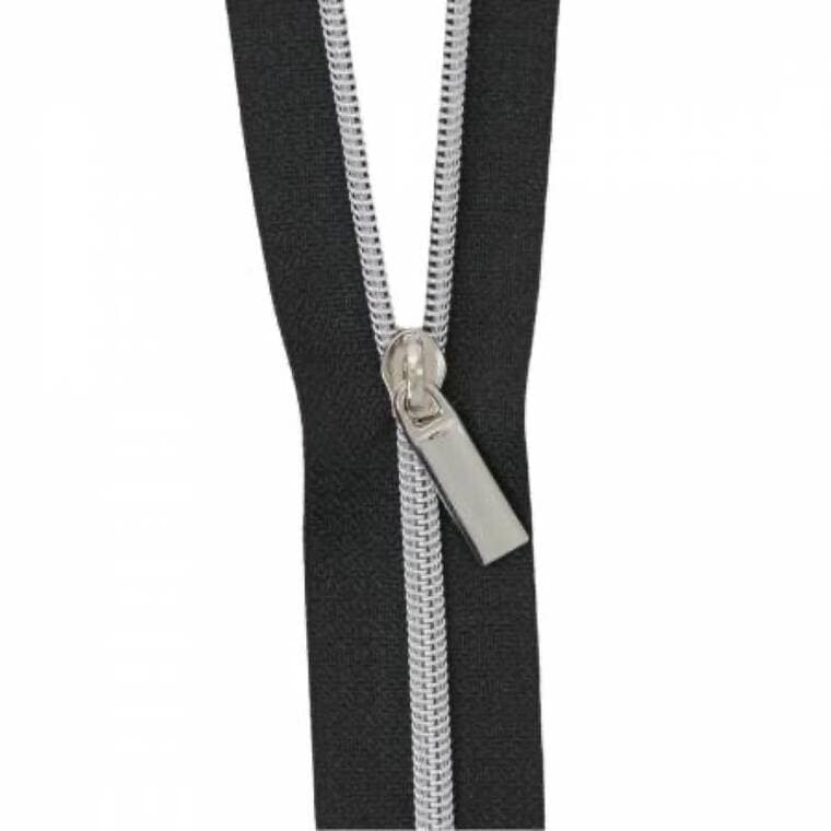 Black #3 Nylon Nickel Coil Zippers: 3 Yards with 9 Pulls